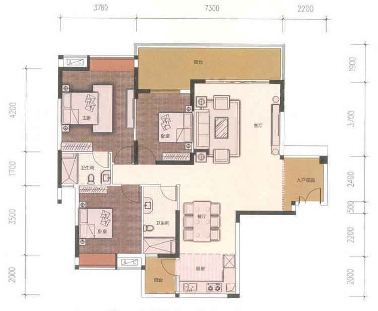 新幸福领汇家园3室2厅2卫130.2㎡户型图