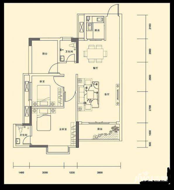 锦绣北苑2室2厅2卫92㎡户型图