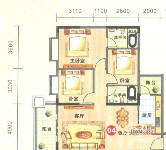 金威郦都3室2厅2卫111.4㎡户型图