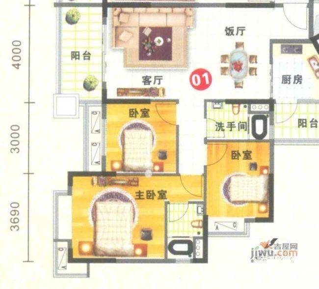 金威郦都3室2厅2卫106.6㎡户型图