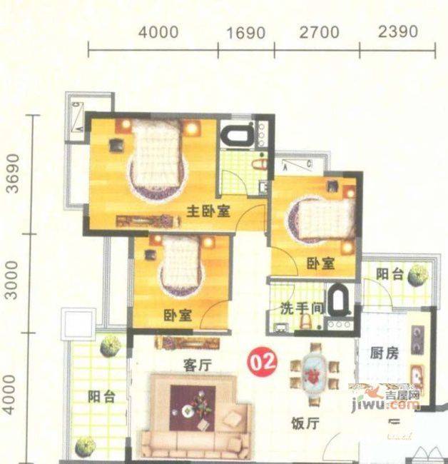 金威郦都3室2厅2卫104.1㎡户型图