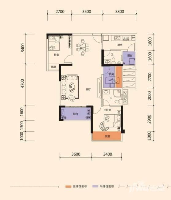 云星钱隆江南3室2厅2卫94.2㎡户型图