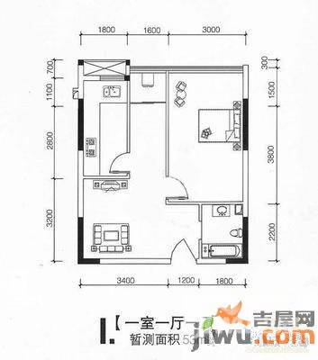 通利紫荆尚都1室2厅1卫53㎡户型图
