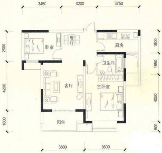 亚东观樾2室2厅1卫户型图