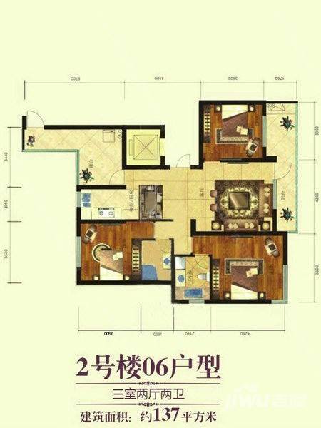 世豪绿洲花苑3室2厅2卫137㎡户型图