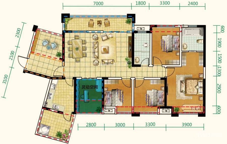 北纬28度4室2厅2卫141.4㎡户型图