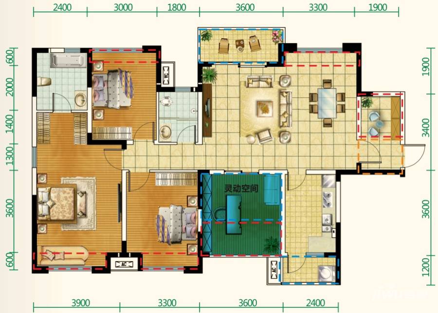 北纬28度3室2厅2卫134.1㎡户型图