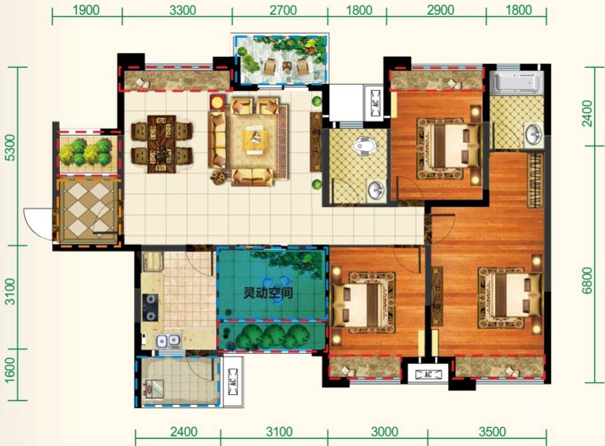 北纬28度3室2厅2卫116.6㎡户型图