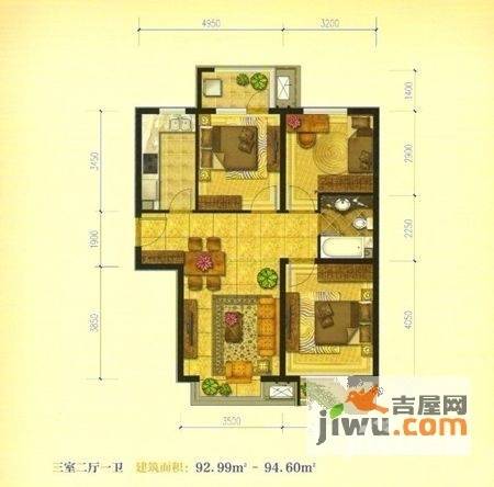 滦河湾3室2厅1卫93㎡户型图