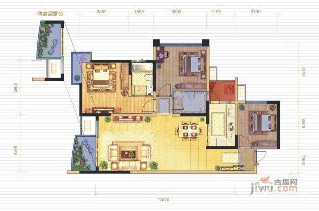 千禧河畔国际社区商铺3室2厅2卫88.1㎡户型图