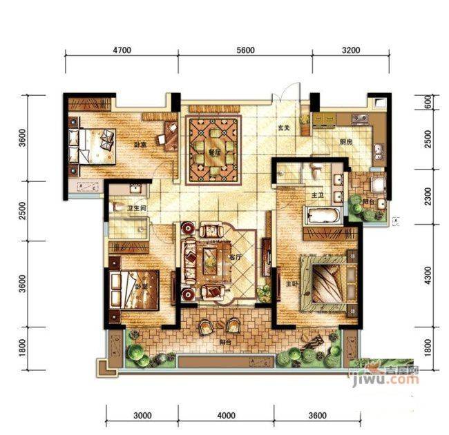 中海城南华府3室2厅2卫135㎡户型图