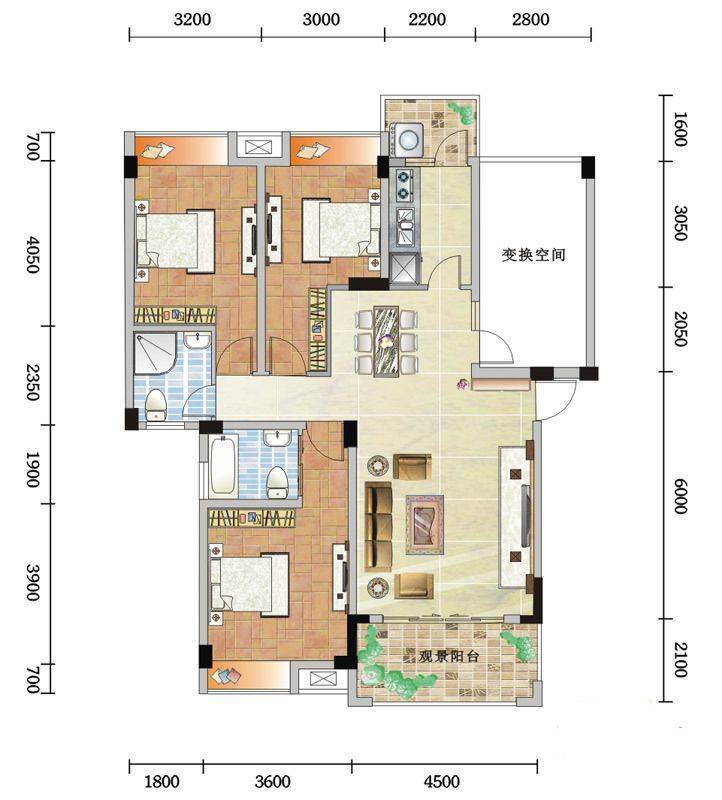 润驰国际广场3室2厅2卫121.9㎡户型图