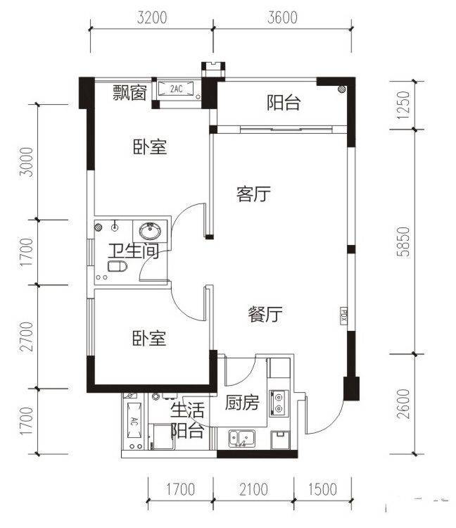 东山国际新城锦驿2室2厅1卫70.1㎡户型图