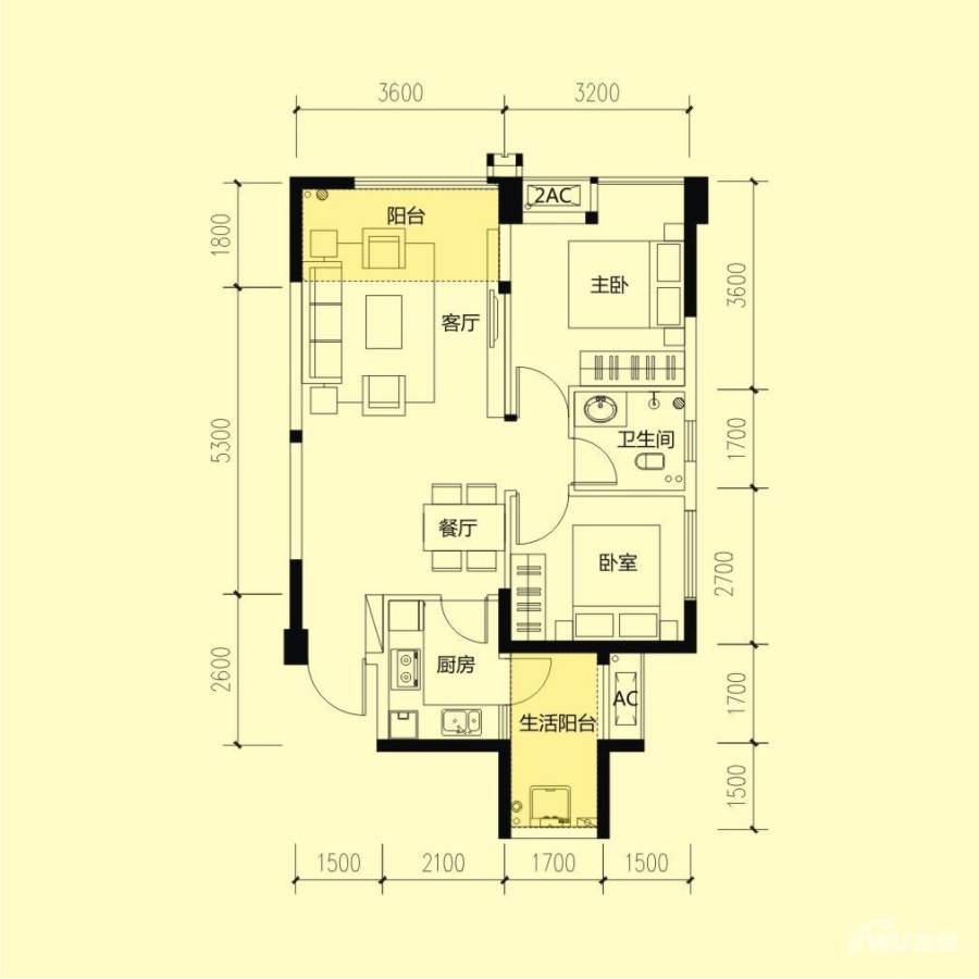 东山国际新城锦驿2室2厅1卫76㎡户型图