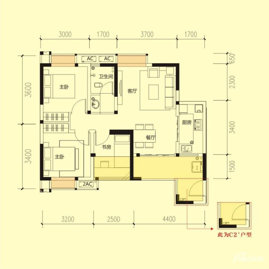 东山国际新城锦驿3室2厅1卫91㎡户型图