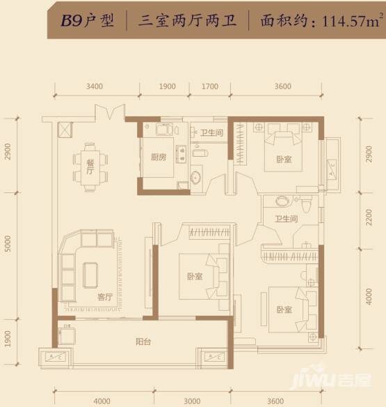 荣悦台3室2厅2卫114.6㎡户型图