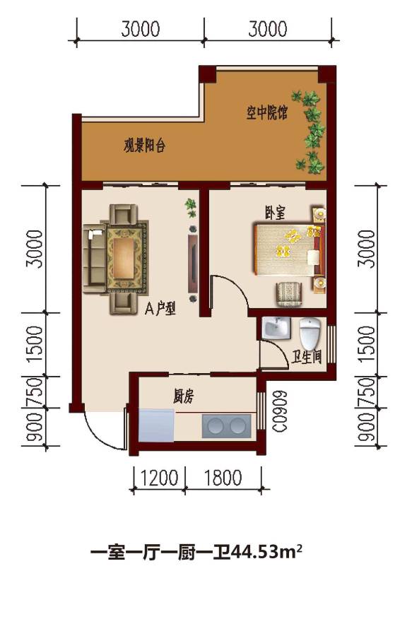 悦峰豪庭1室1厅1卫44.5㎡户型图