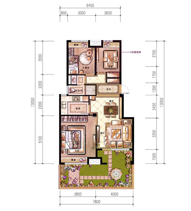 金地·格林春晓3室2厅1卫88㎡户型图