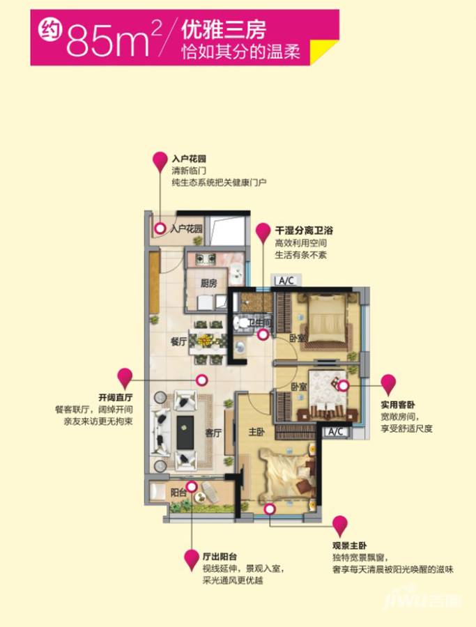 万科金色梦想3室2厅1卫85㎡户型图