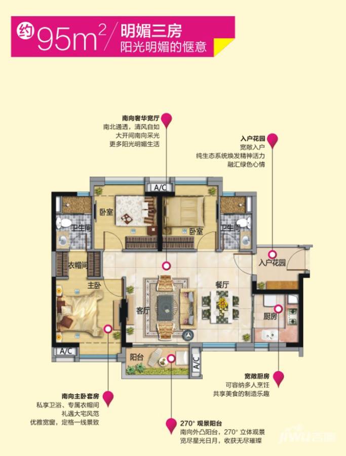 万科金色梦想3室2厅2卫95㎡户型图