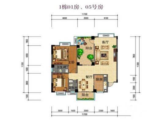 君悦世家汇丰园2室2厅2卫141㎡户型图