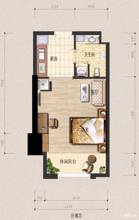 五江天街天寓1室1厅1卫37.3㎡户型图