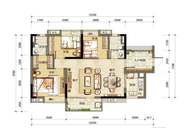 万科南方公元3室2厅2卫95㎡户型图