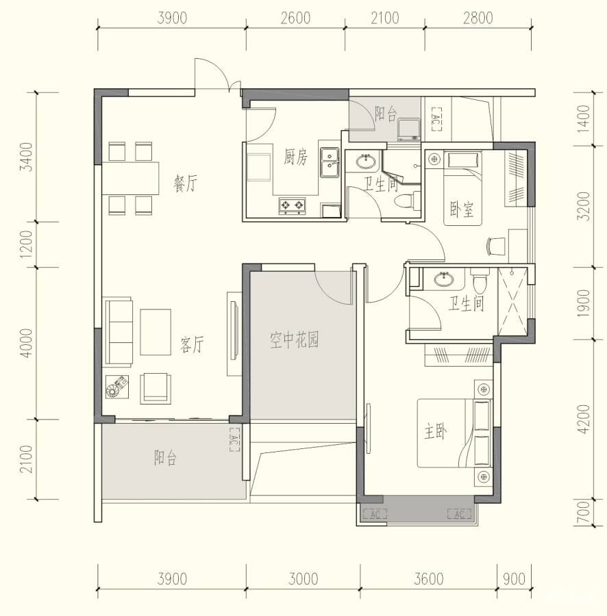 京武浪琴山2室2厅2卫122㎡户型图