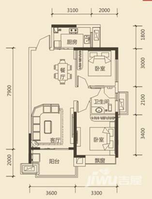 荣悦台2室2厅1卫79.5㎡户型图