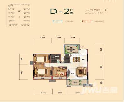 海德公园3室2厅1卫104㎡户型图