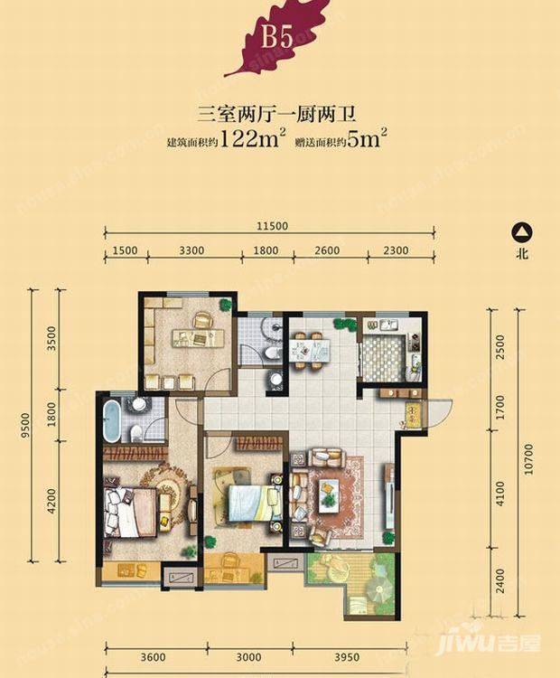 明威橡树湾3室2厅2卫122㎡户型图