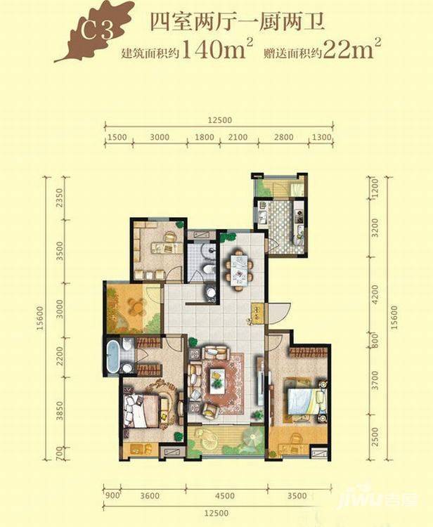 明威橡树湾4室2厅2卫140㎡户型图