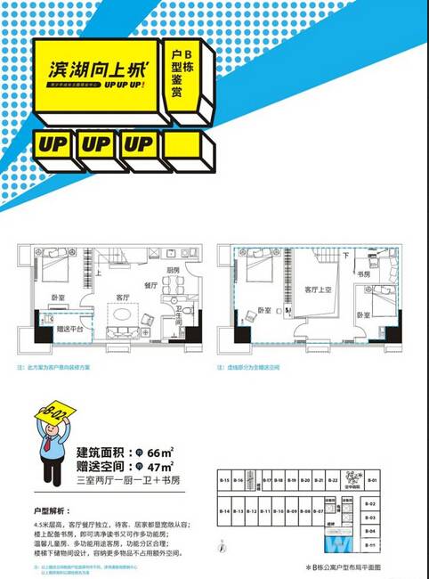 滨湖向上城商铺3室2厅1卫66㎡户型图