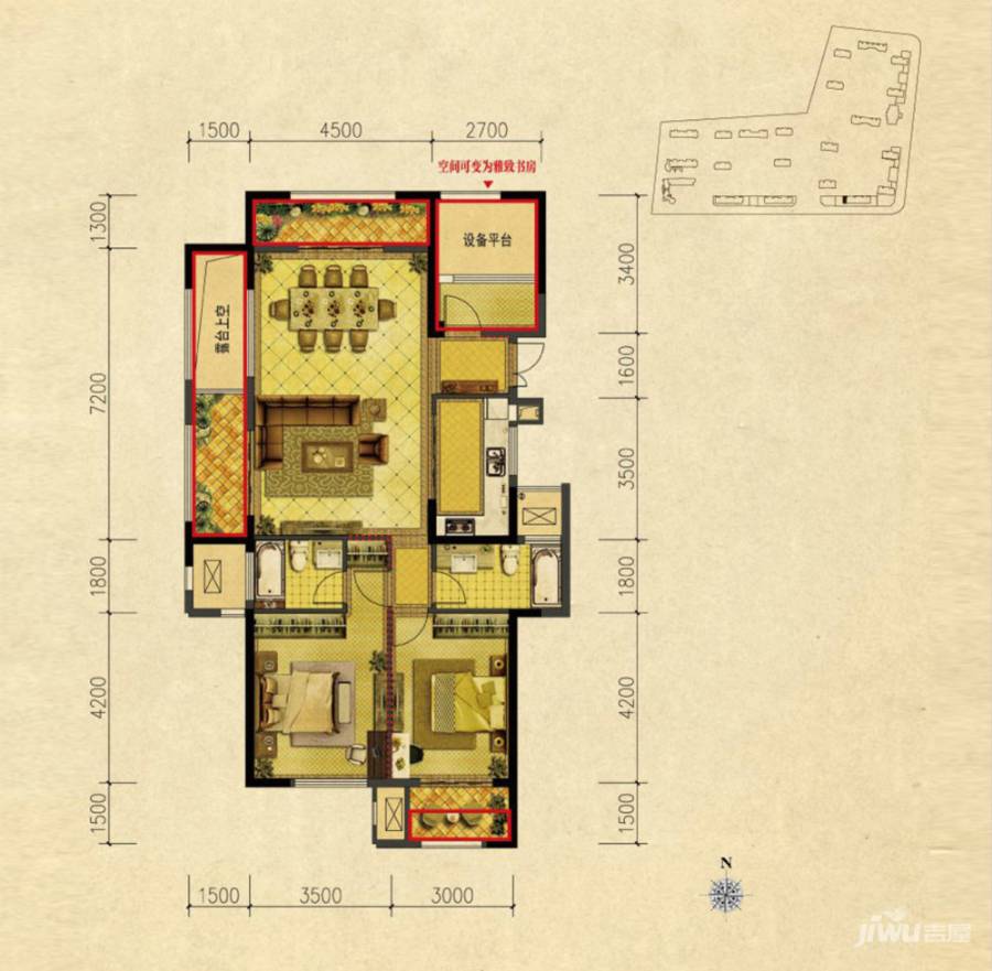 信达香格里3室2厅1卫86㎡户型图