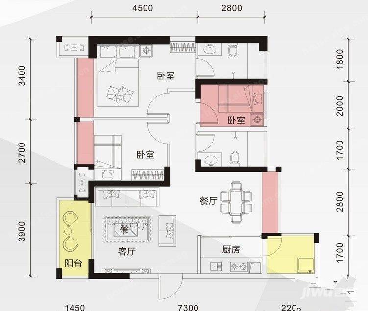 四海达21克拉3室2厅1卫88㎡户型图