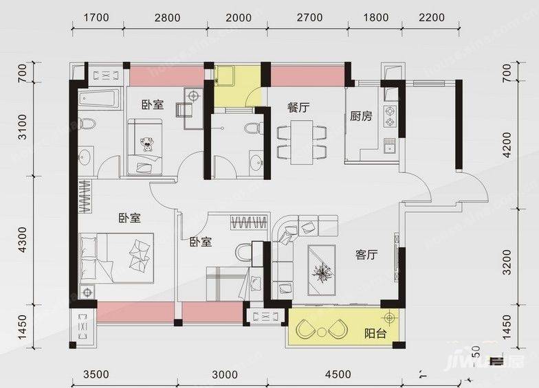 四海达21克拉3室2厅2卫110㎡户型图