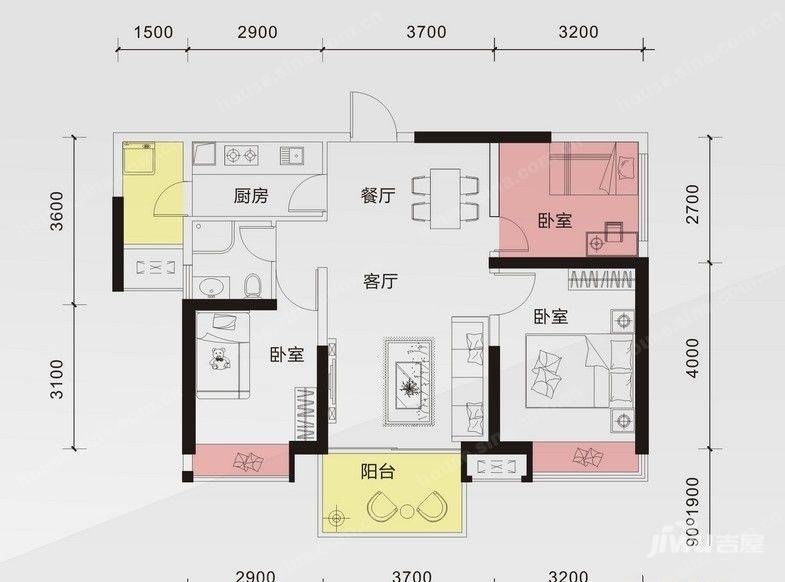 四海达21克拉3室2厅1卫80㎡户型图