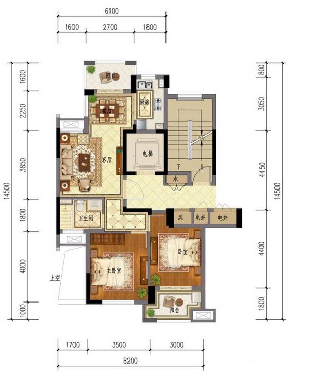 春江名园2室2厅1卫87㎡户型图