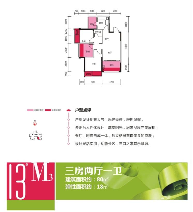 大唐世家3室2厅1卫80㎡户型图