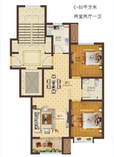 金日正阳公馆2室2厅1卫85㎡户型图