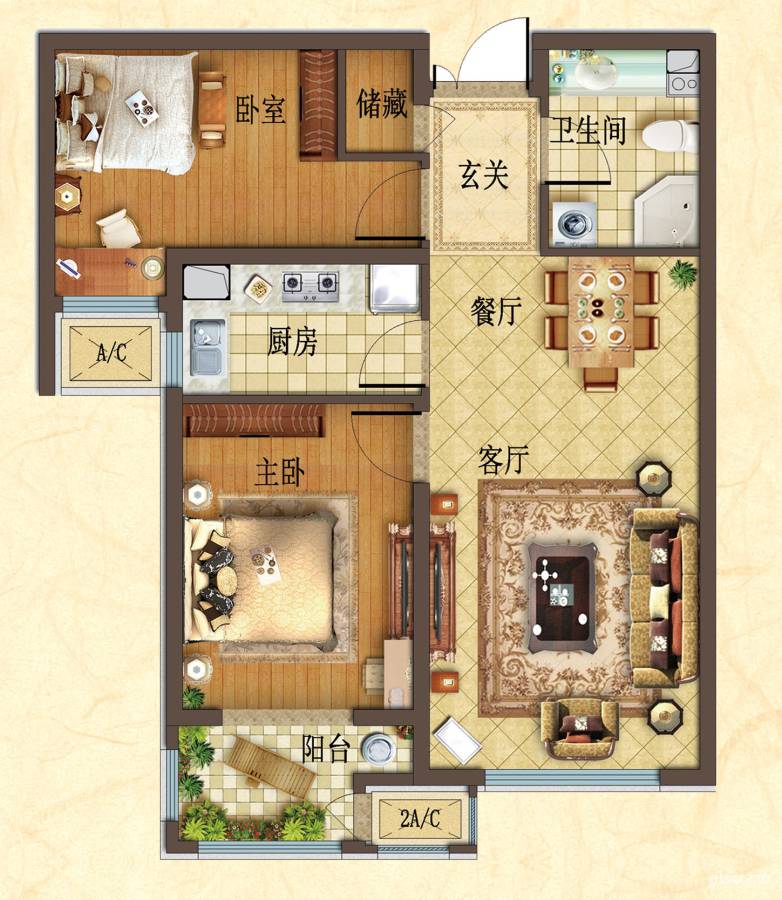 华中假日丽城2室2厅1卫87.5㎡户型图