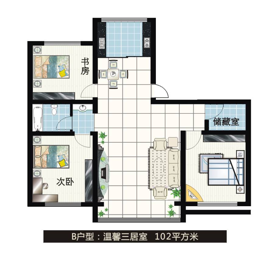 蓝天森林花苑五期3室2厅1卫102㎡户型图