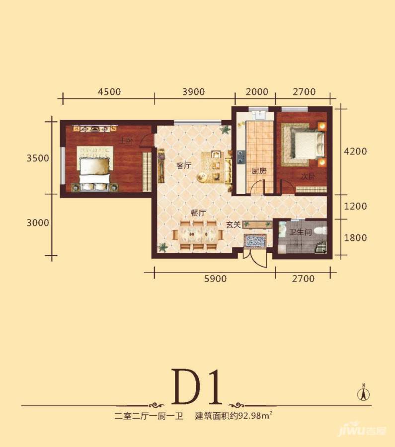 通嘉东方御景2室2厅1卫92.7㎡户型图