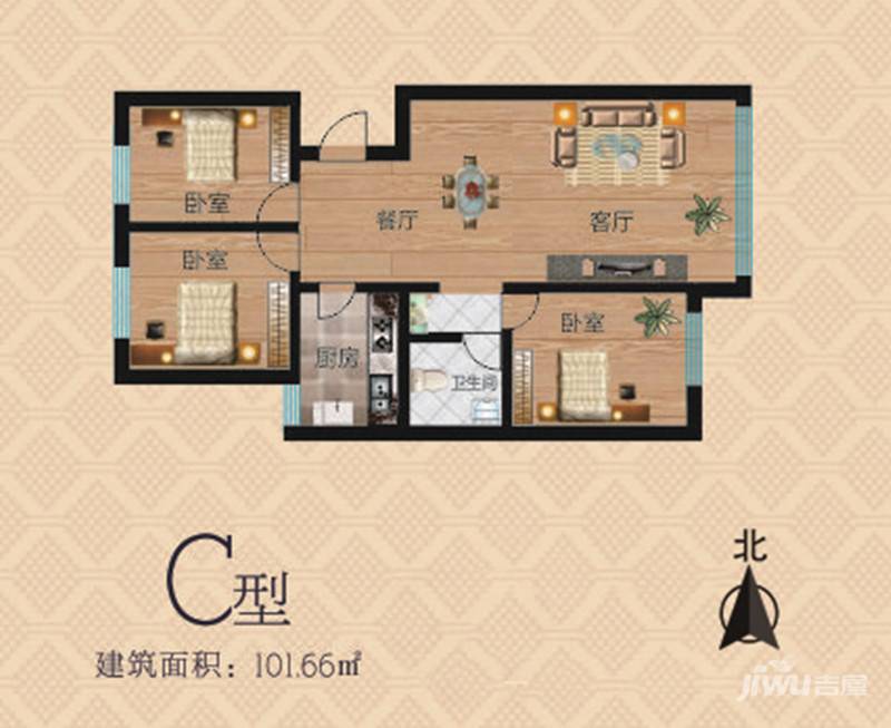 东华会展蓝湾一期3室2厅1卫101.7㎡户型图