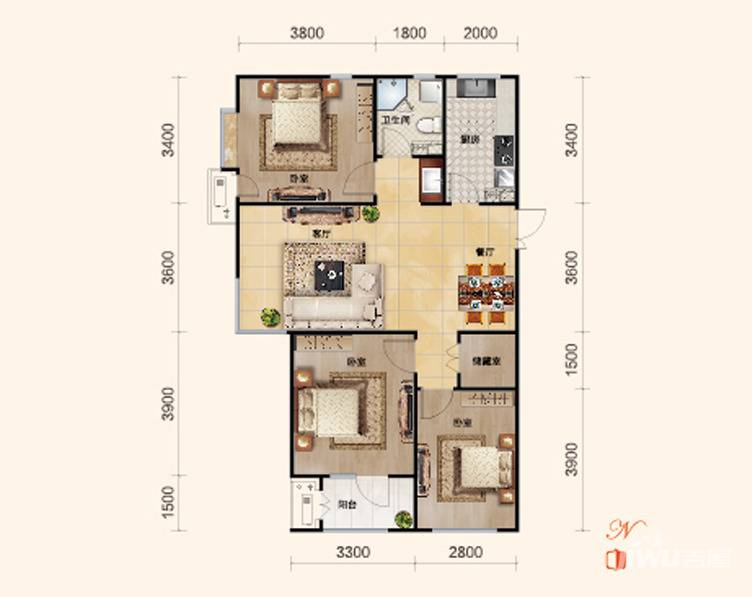 米兰阳光3室2厅1卫108.5㎡户型图