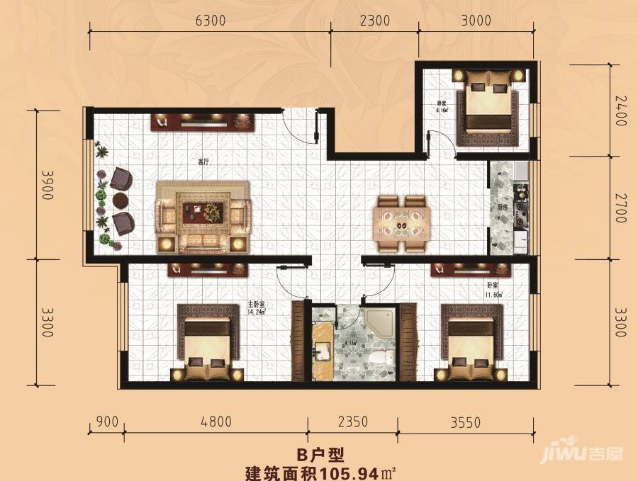 亚欧家居建材广场3室2厅1卫105.9㎡户型图