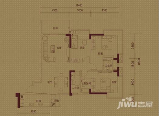 万象金沙湾广场3室2厅3卫135㎡户型图