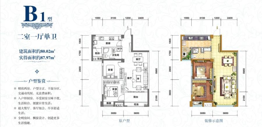 四美城南壹号2室1厅1卫80㎡户型图