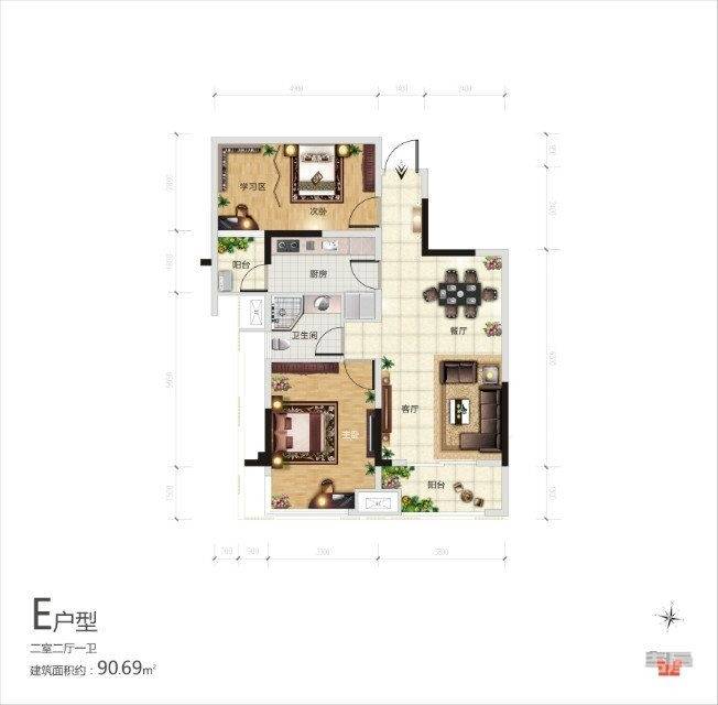 阳光100凤凰街2室2厅1卫90.7㎡户型图