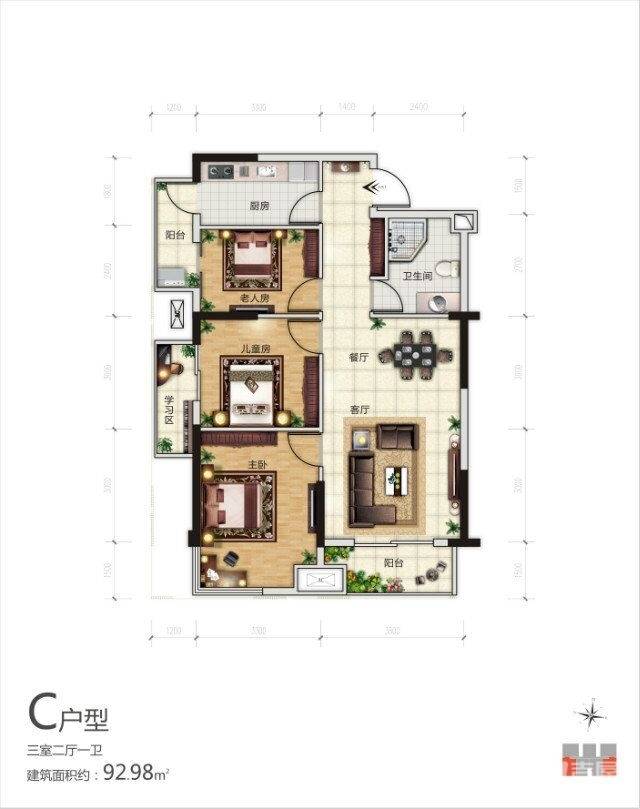 阳光100凤凰街3室2厅1卫93㎡户型图